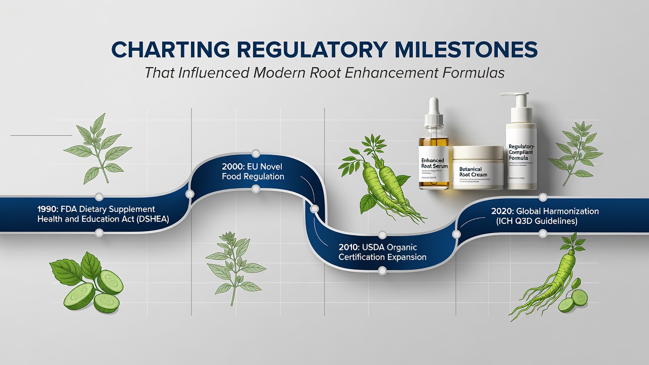 Timeline graphic showing key regulatory events shaping root enhancement product development from the 1970s onward